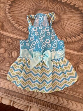 Urban domain Aqua Floral & Chevron Dog Dress with Satin Bow